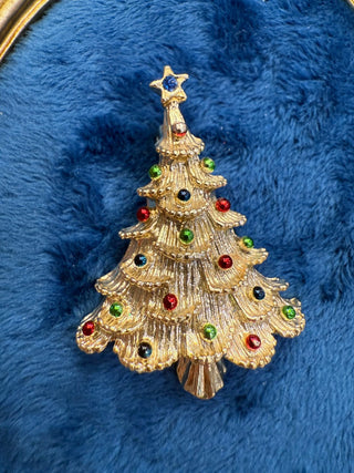 Vtg Gerry's signed Christmas Holiday Tree w Red & Green Gold Tone brooch|139060
