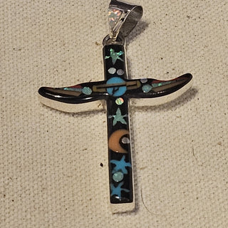 Cosmic galaxy inlay stones cross signed pendant