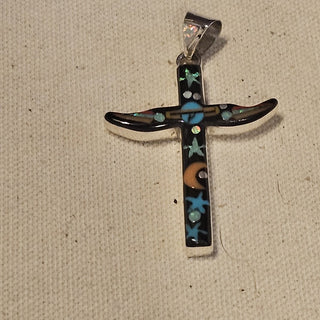 Cosmic galaxy inlay stones cross signed pendant