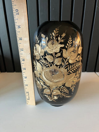 Black and gold Brass etched floral vase RSV