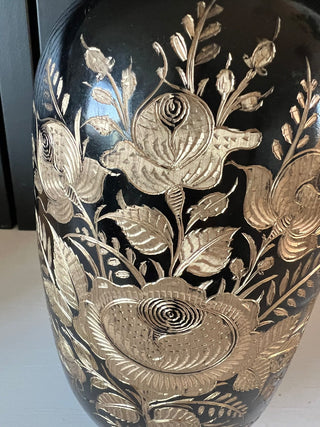 Black and gold Brass etched floral vase RSV