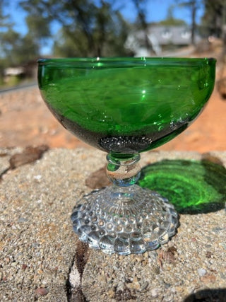 SET OF 3 Anchor Hocking Emerald Green Bubble Feet Champagne / Sherbet Glasses