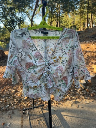 Topshop White Floral Jungle Themed Blouse With Drawstring Size 10