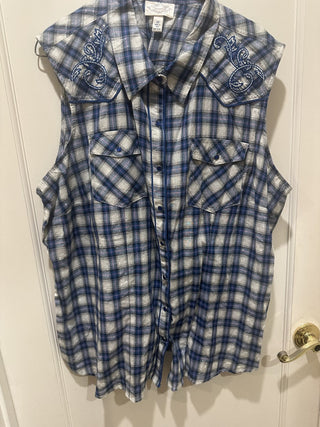 Henna Sleeveless Plaid button up embroidered shirt size 3X #63 VV MTS