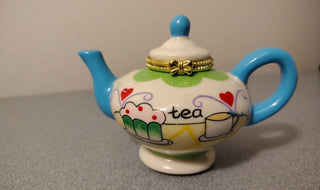 Vintage Porcelain Teapot Blue handle hinged Trinket box #62 VV MTS|93277