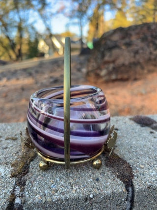 JP purple-and-white swirled art glass votive or tealight candle holder brass stand