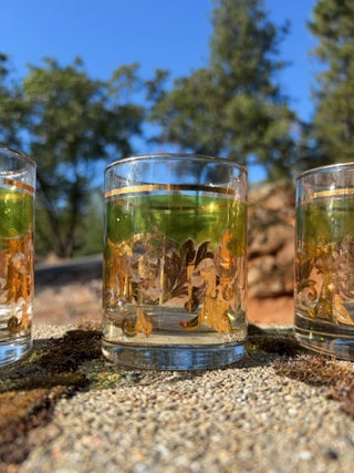 SET OF 5 Mid Century Neiman Marcus Barware Green & Gold Leaf Cocktail Rocks Glasses