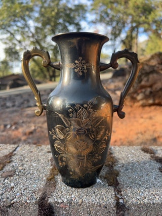 JP Vintage double handle flower engraved brass vase