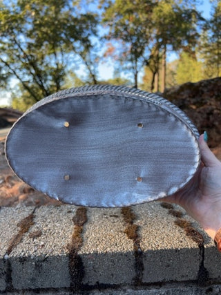 distressed white metal oval basket punch out details