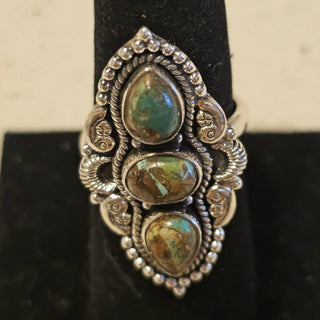 .925 Royston turquoise 3 stone adj. ring