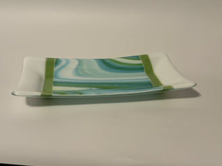 Fused Glass Tray 5"x10" Blue/Green with White/Lime Borders - AnoGlass|52116