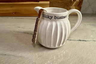 Mud Pie Syrup pitcher and tongs for pancakes white ceremic