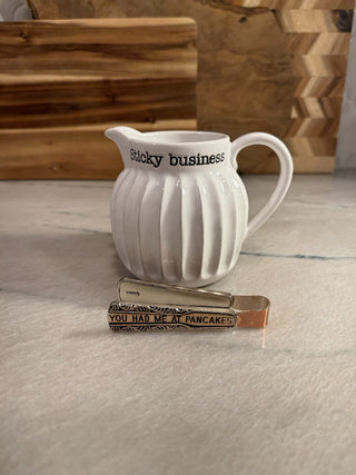 Mud Pie Syrup pitcher and tongs for pancakes white ceremic