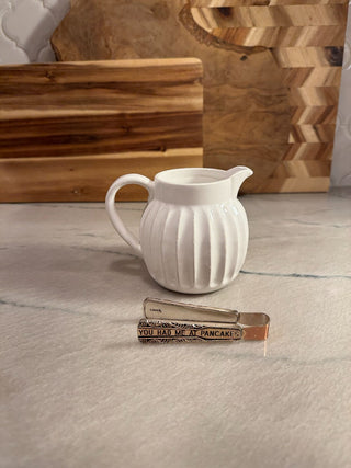 Mud Pie Syrup pitcher and tongs for pancakes white ceremic