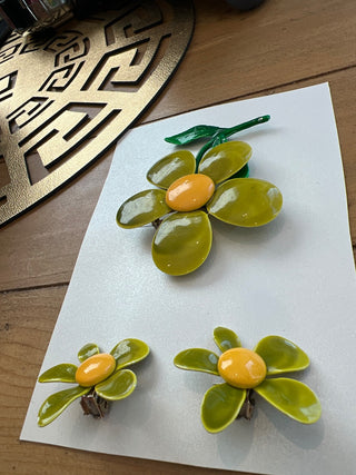 Vintage 60s -70s Enameled Flower Pin and Clip-on Earrings Set, MTS|46613