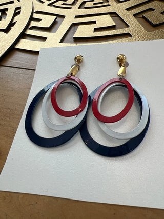 Red, white & blue oval dangle earrings from 60s/70s w/ gold clip ons MTS|46616