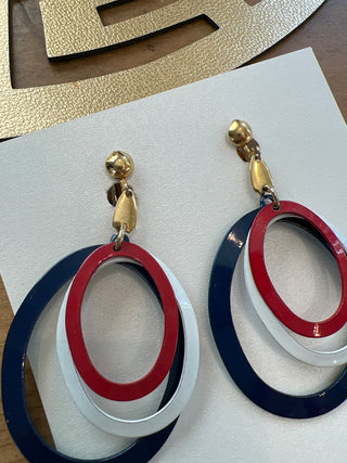 Red, white & blue oval dangle earrings from 60s/70s w/ gold clip ons MTS|46617