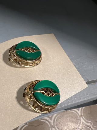 Green Thermoset/lucite Gold Earrings 1950s|48719