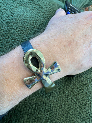 Gold Ankh Bracelet 70s w/leather strap|50086