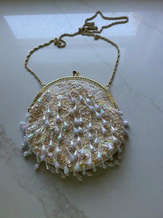 Vintage Cream Satin Iridescent Sequined Beaded Purse -RSV|110319