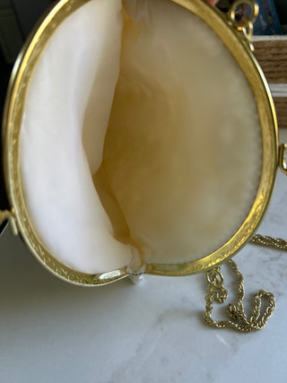 Vintage Cream Satin Iridescent Sequined Beaded Purse -RSV|110320