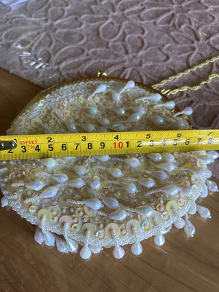 Vintage Cream Satin Iridescent Sequined Beaded Purse -RSV|110321