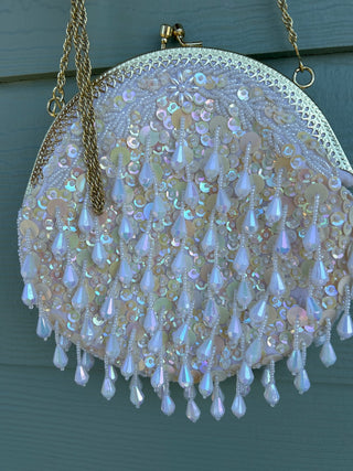 Vintage Cream Satin Iridescent Sequined Beaded Purse -RSV|110323