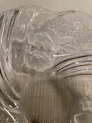 Vintage Mikasa Christmas  Bowl Clear Lead Crystal, Frosted Leaves & Santa RSV|122434