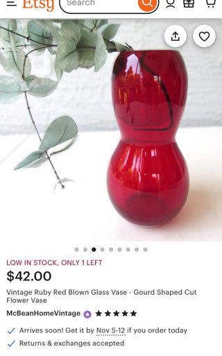 9” Vntg ruby red hand blown glass vase|125602