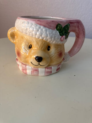Vintage pink scarf and hat trimmed bear mug  RCD|129739