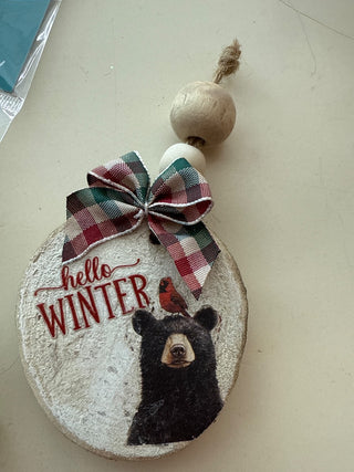 Large wood round ornament bear|129773
