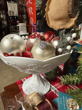 Vintage large milk glass bowl with vintage glass ornaments|131439