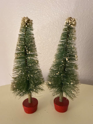 2 Bottle Brush Christmas Trees Red Wooden Base Vintage #4 RCD|135775