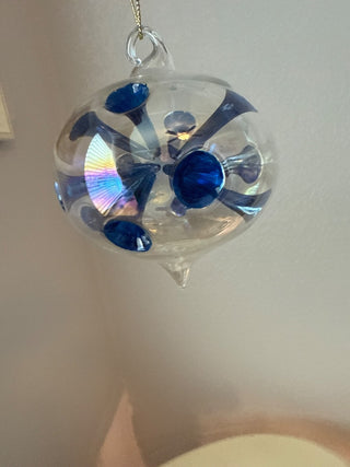 Vintage blue and clear glass ornament teardrop|138289