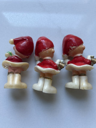 VTG 3 Mini Christmas Girls Hard Plastic Red Dress Pixie Elf H2.5" , 1960’s-RSV|140378