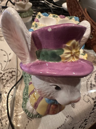 #62 VV Vintage Figi Ceramic Easter Egg cup cart holder Display stand pulled by easter bunny|55241