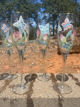 BB Set of 6 NWT Romanian Euroglass 10” Floral Champagne Flutes