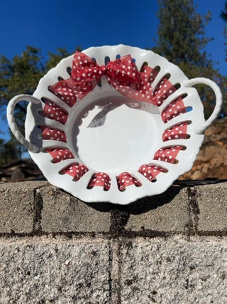 KW 9.75” Antique Reflections collection by I. Godinger & Co., "Dress Me Up" or ribbon-trim candy/serving dish