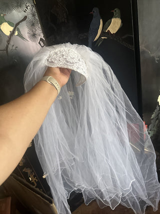 Bridal Beaded Headband Veil White Two Tier Wedding short Tulle #62 VV MTS|74984