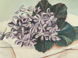 VINTAGE FRAMED ORIGINAL OIL VIOLETS WITH GOLD FRAME 22" x 15" LEAVENWORTH KANSAS MARK ON BACK VERY GOOD VINTAGE CONDITION WIRE FOR HANGING (KJS) RCD|105451