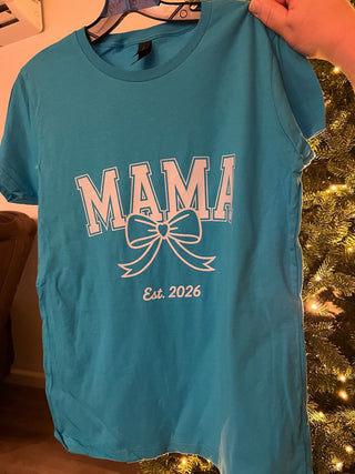 M women's teal tee with MAMA and bow