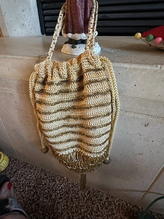 Vtg. Reticule, drawstring closure purse w/beaded decor & tassles (1970's) 6" x 8" RCD|75984
