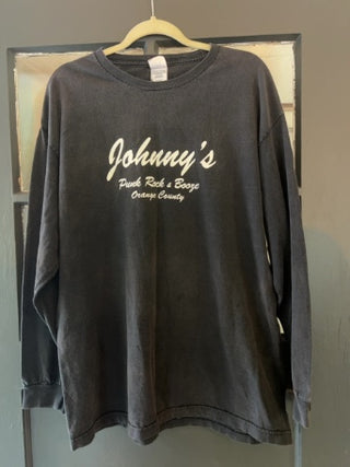 vintage-style long-sleeve black graphic tee featuring the script text "Johnny's / Punk Rock & Booze / Orange County" XL