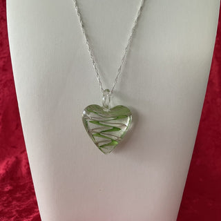 chain necklace, glass heart with green swirls RSV