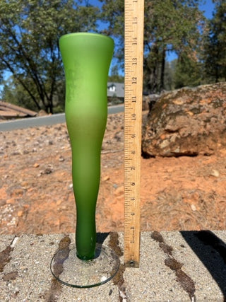 vintage art glass vase featuring a frosted green gradient body and a clear glass foot