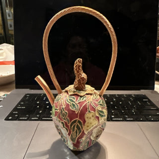 Vintage Cloisonne Apple mini tea pot fruit pear gold red grapes enamel #62 VV MTS|69046