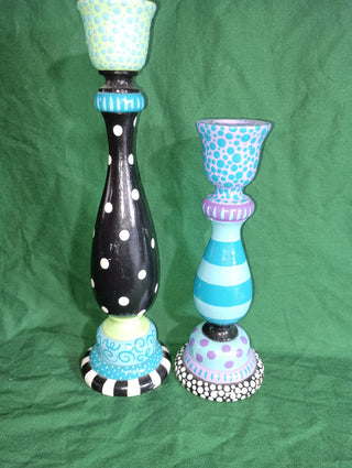 Wooden hand painted candlesticks pair of 2
