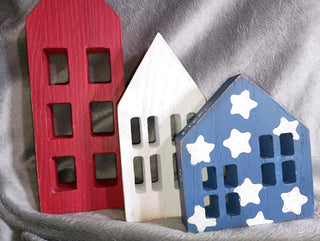 Red, white and blue hand painted houses set (3)