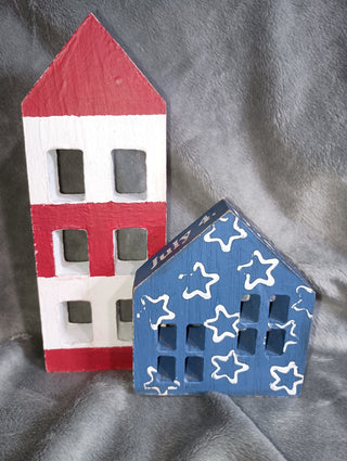 Hand painted Red, white and blue wooden houses (set of 2)