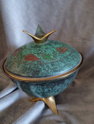 Vintage brass& verdigris enamel canister